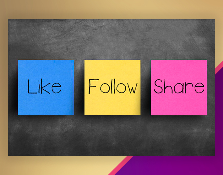 colorful notes on a board say like, follow, and share