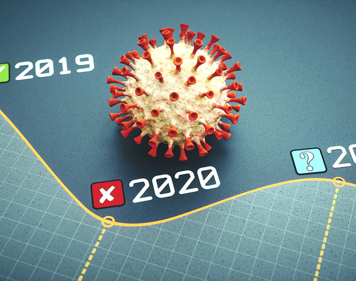 graph suggesting budget dip for 2020 with covid icon