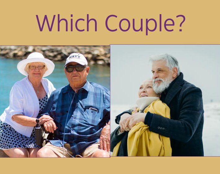 two similar senior couples pose under the text that reads which couple?